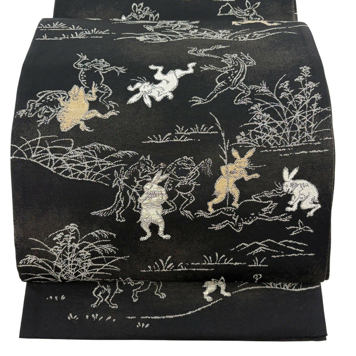 【美品】 袋帶 逸品級 鳥獸戲畫 金金箔 黑色 大鼓圖案 純蠶絲