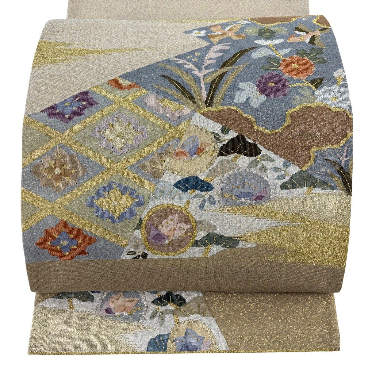 【美品】 袋帶 逸品級 花鳥 花菱 綴織 金銀彩 米色 大鼓圖案 純蠶絲
