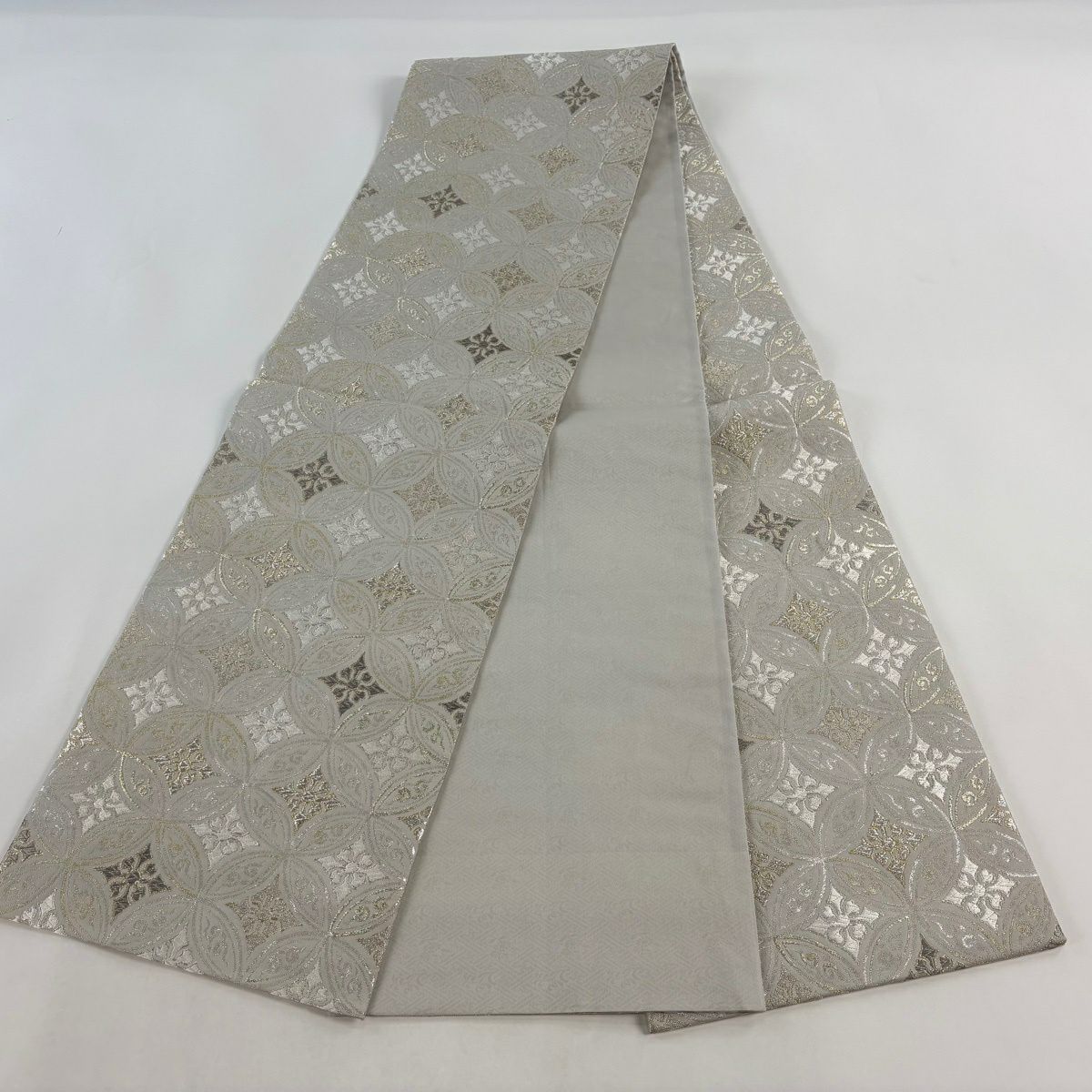 【美品】 袋帶 逸品級 誉田屋源兵衛 落款あり 純白金 七寶繋 金絲 金金箔 灰色 全通 純蠶絲