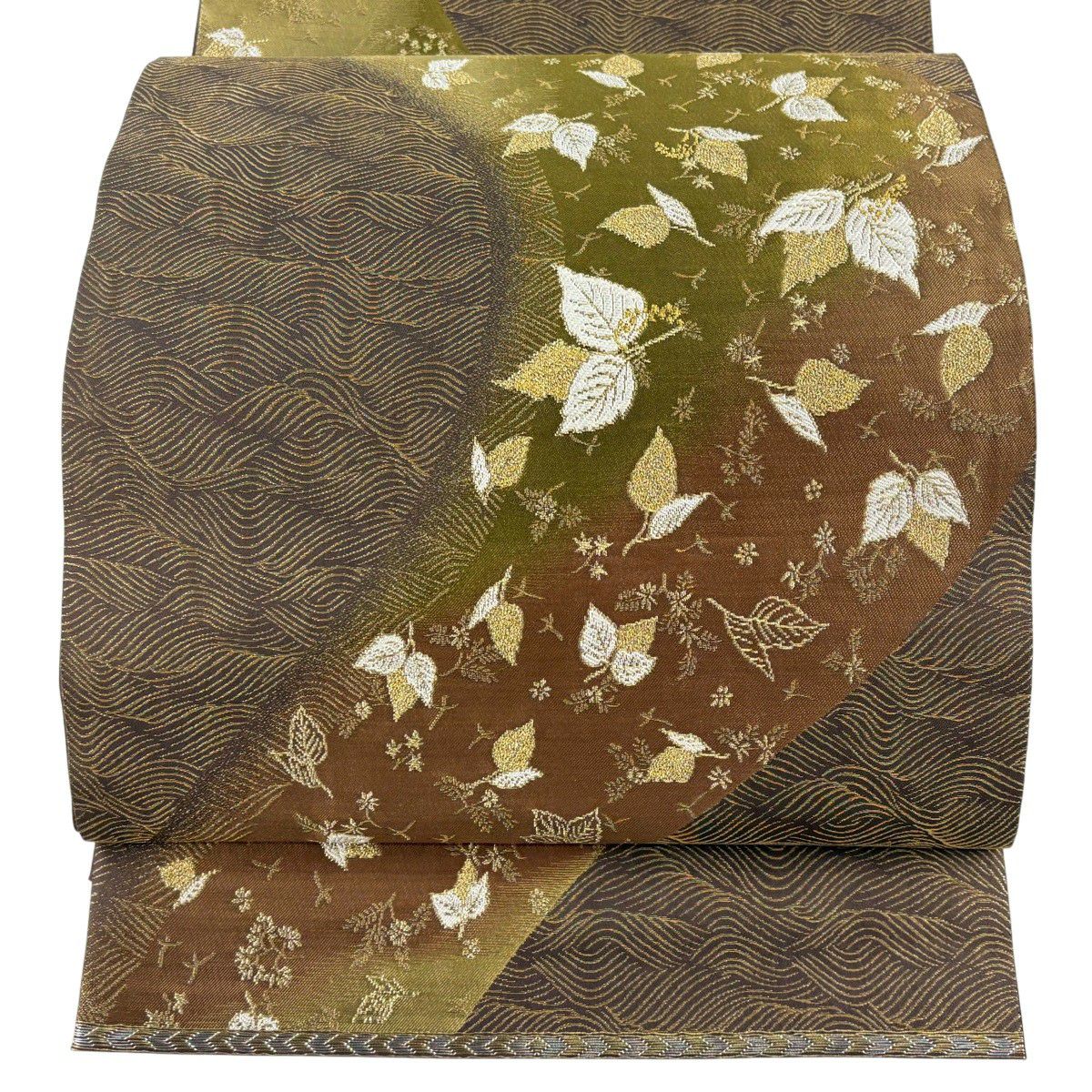 【美品】 袋帶 逸品級 誉田屋源兵衛 落款あり 關西仕立 雜花 波 金絲 茶 お太鼓圖案 純蠶絲