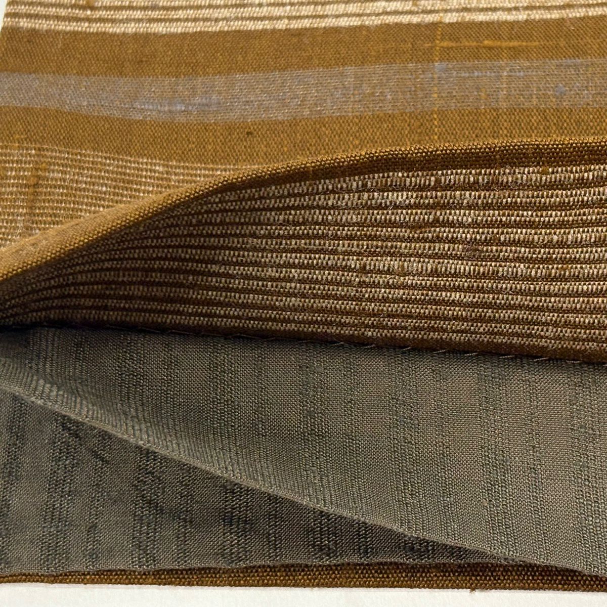 【美品】 袋帶 逸品級 證書齊全 栗繭織 くる満屋昭英 紬織織 橫條 山吹茶 全通 純蠶絲