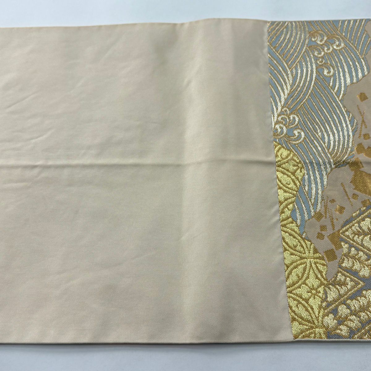 【美品】 袋帶 名品級 川島織物 落款 花唐草紋 七寶花菱 金銀線 金金箔 米色 六通 純蠶絲