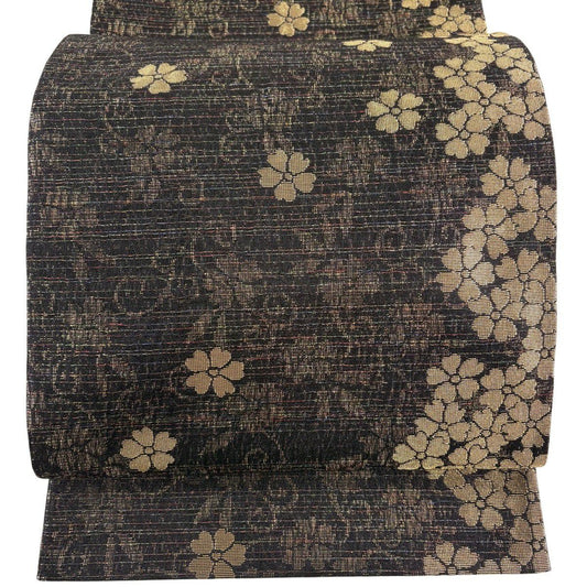 【美品】 袋帶 名品級 斉藤三才 落款あり 樱花 条纹 金丝 拉米丝 黑色 全通 純蠶絲