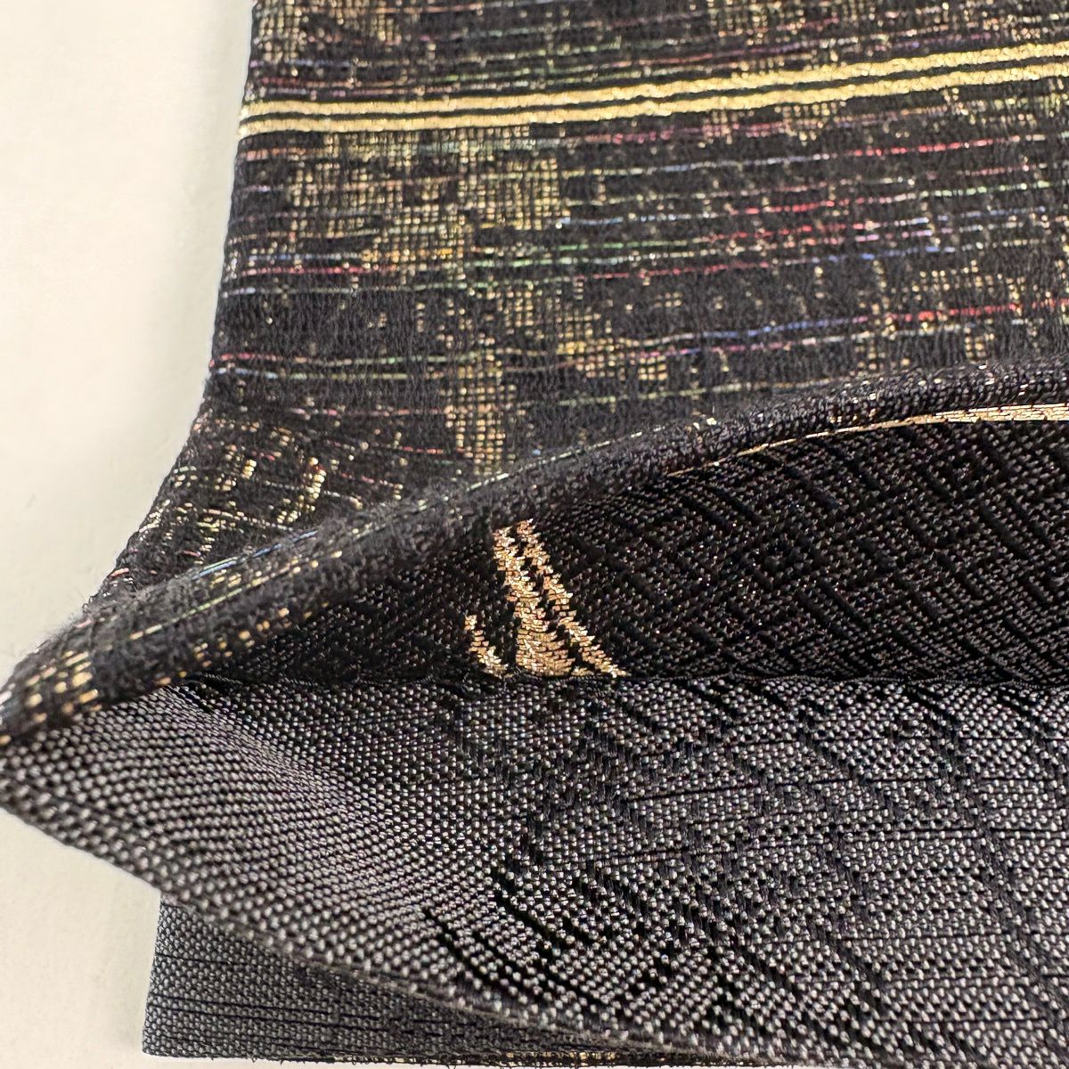 【美品】 袋帶 名品級 斉藤三才 落款あり 樱花 条纹 金丝 拉米丝 黑色 全通 純蠶絲