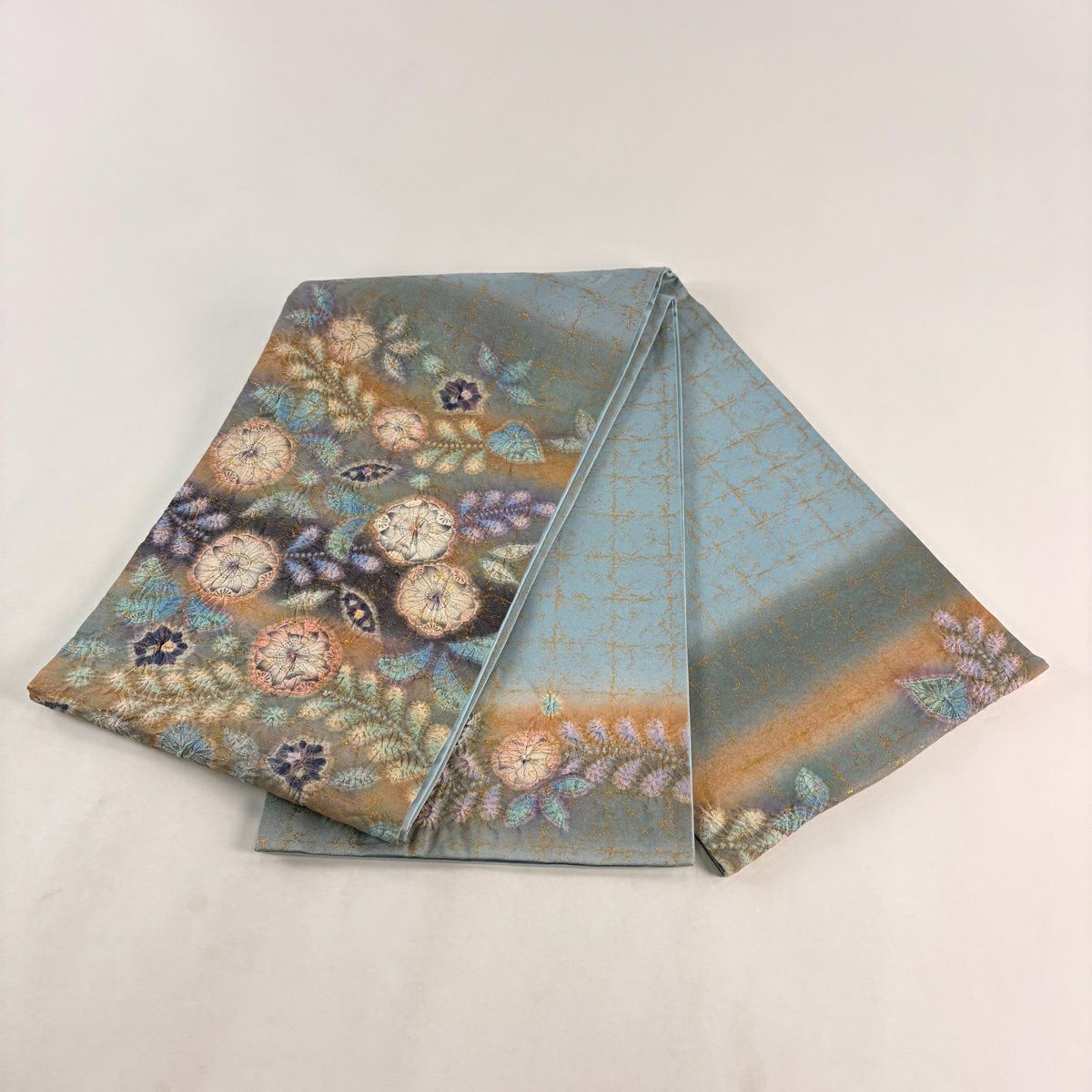 袋帶 名品級 辻花染 金金箔 水藍色 大鼓圖案 純蠶絲