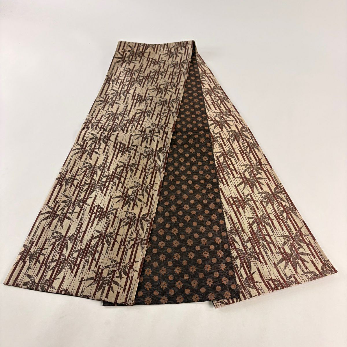 【美品】 袋帶 名品級 笹 幾何圖案 淺茶 全通 純蠶絲