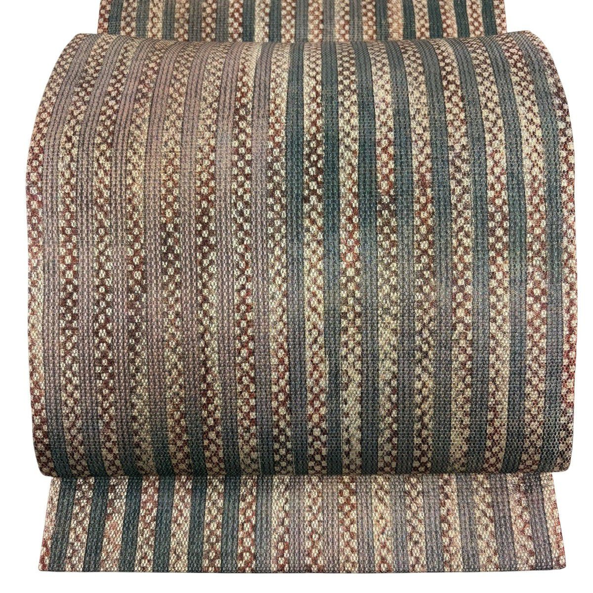 【美品】 袋帶 名品級 縞 幾何圖案 拉麵金金箔 淺豆色 全通 純蠶絲