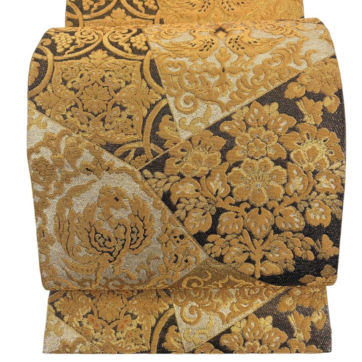 【美品】 袋帶 名品級 草花紋紋 鳳凰 金絲 金金箔 金 六通 純蠶絲