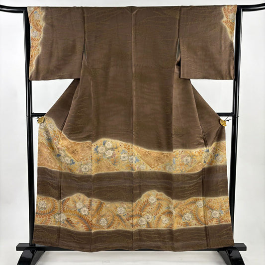訪問服 身長159cm 袖長62.5cm S 雙層 辻花染圖案 霞 金通し 漸層 焦茶 純蠶絲 名品級