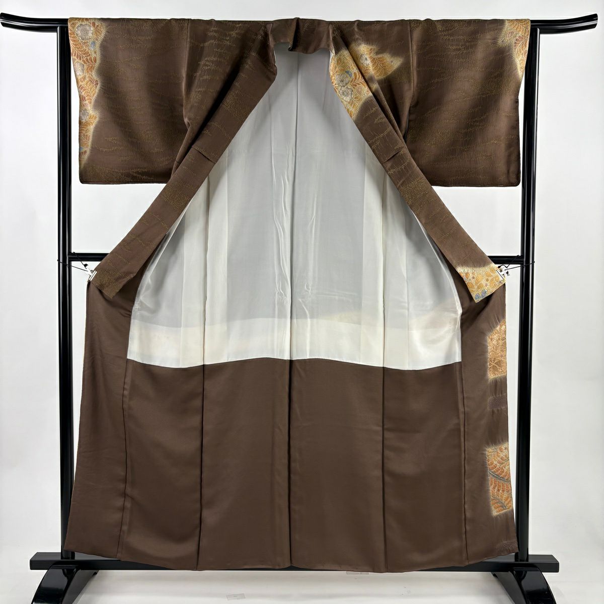 訪問服 身長159cm 袖長62.5cm S 雙層 辻花染圖案 霞 金通し 漸層 焦茶 純蠶絲 名品級