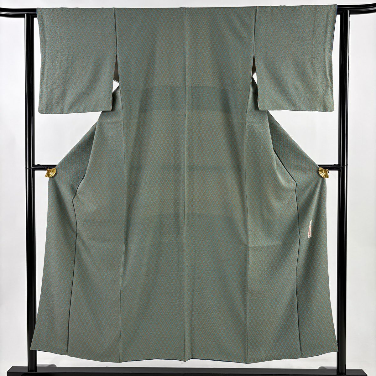 小紋 身長151.5cm 袖長61cm S 雙層 辻村ジュサブロー 落款あり 菱 灰綠 純蠶絲 名品級