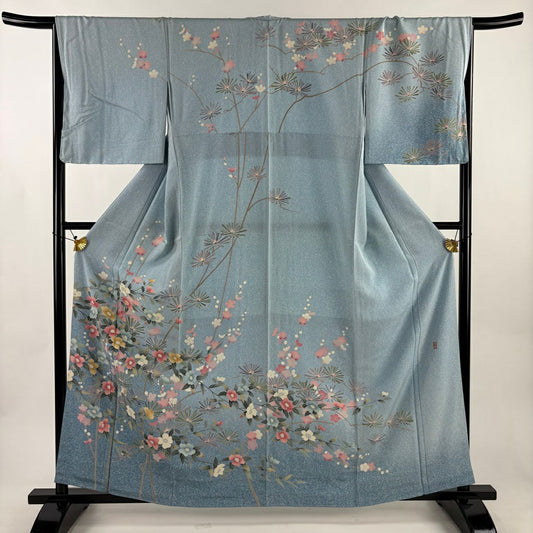 訪問服 身長160cm 袖長66cm M 雙層 落款あり 松樹枝花 漸層 水色 純蠶絲 名品級
