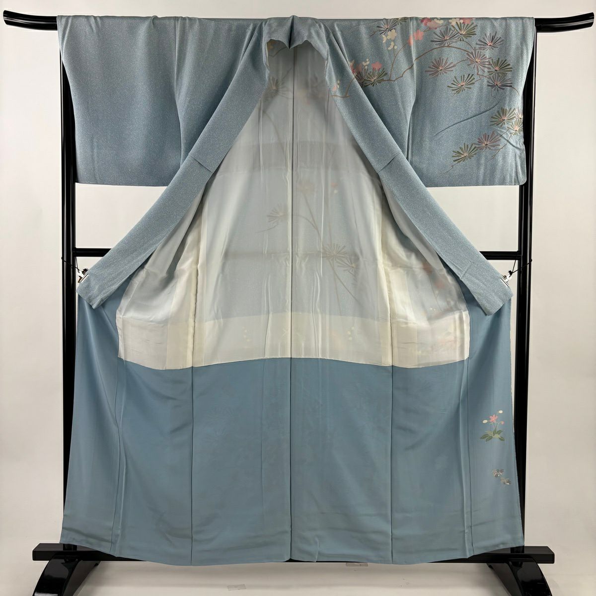 訪問服 身長160cm 袖長66cm M 雙層 落款あり 松樹枝花 漸層 水色 純蠶絲 名品級
