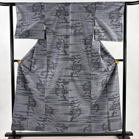 【美品】 紬織織 身長156cm 袖長61cm S 雙層 富嶽36景 人物 風景 灰色 純蠶絲 名品級