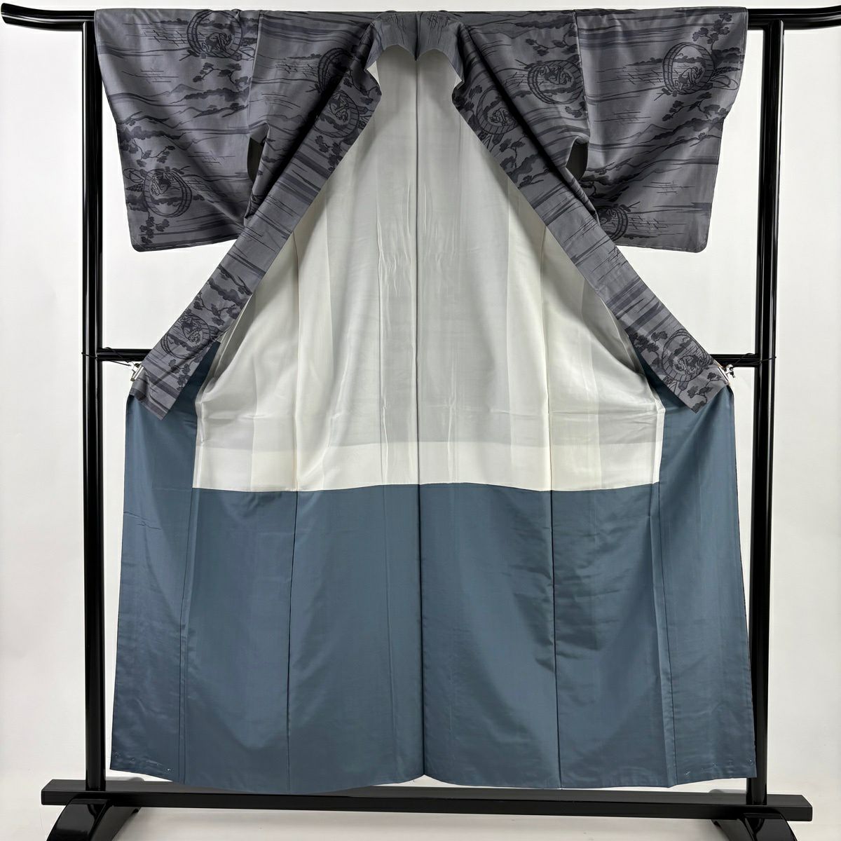 【美品】 紬織織 身長156cm 袖長61cm S 雙層 富嶽36景 人物 風景 灰色 純蠶絲 名品級