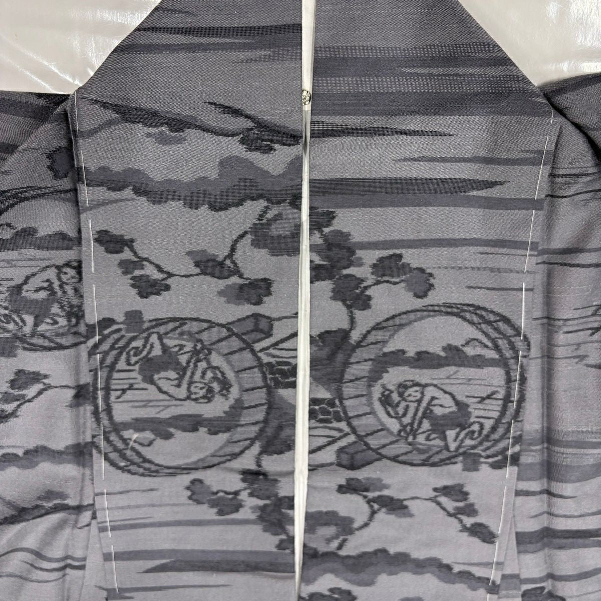 【美品】 紬織織 身長156cm 袖長61cm S 雙層 富嶽36景 人物 風景 灰色 純蠶絲 名品級