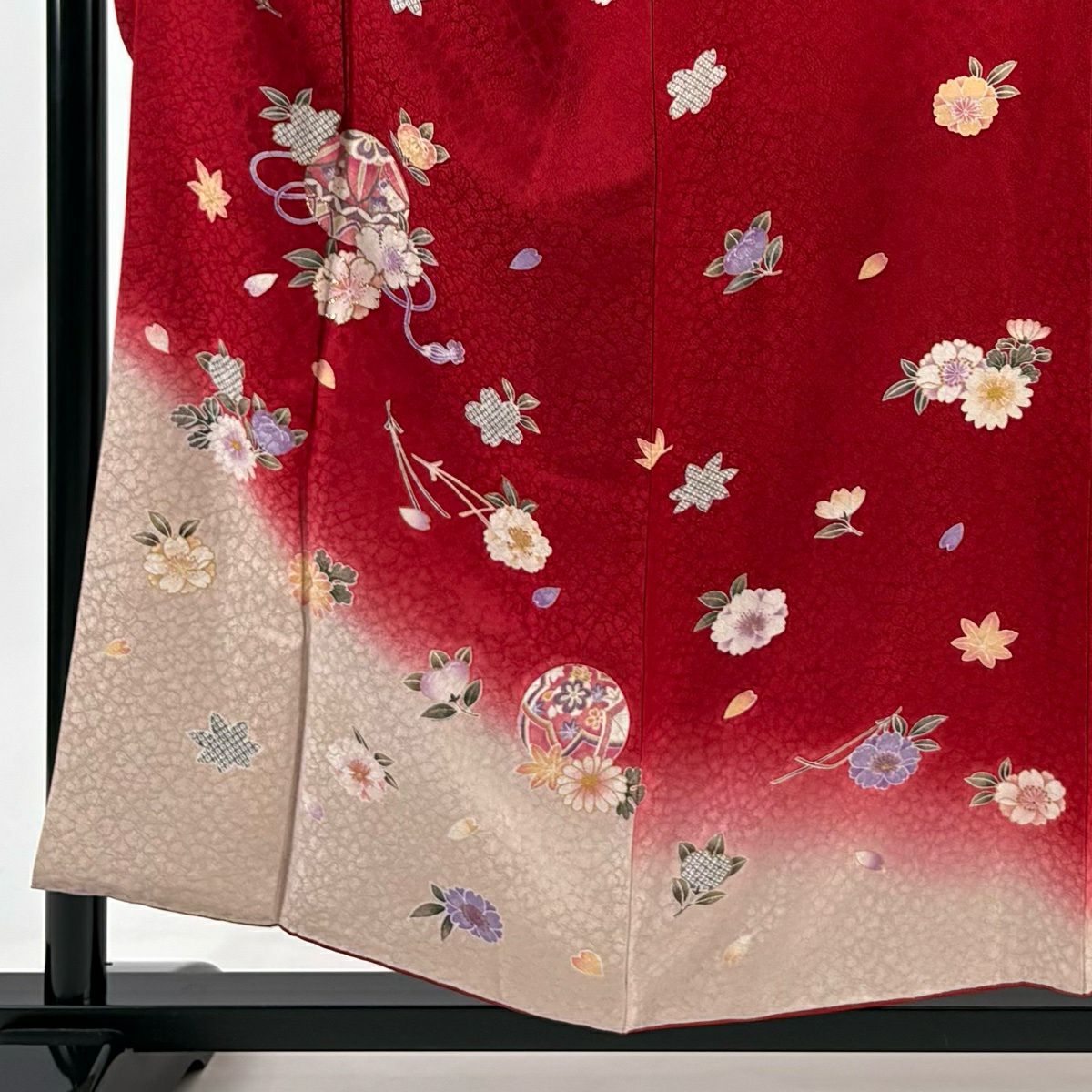 振袖禮服 身長155cm 袖長64cm M 雙層 大和 手毬 櫻花 金金箔 金銀彩 紅 純蠶絲 名品級