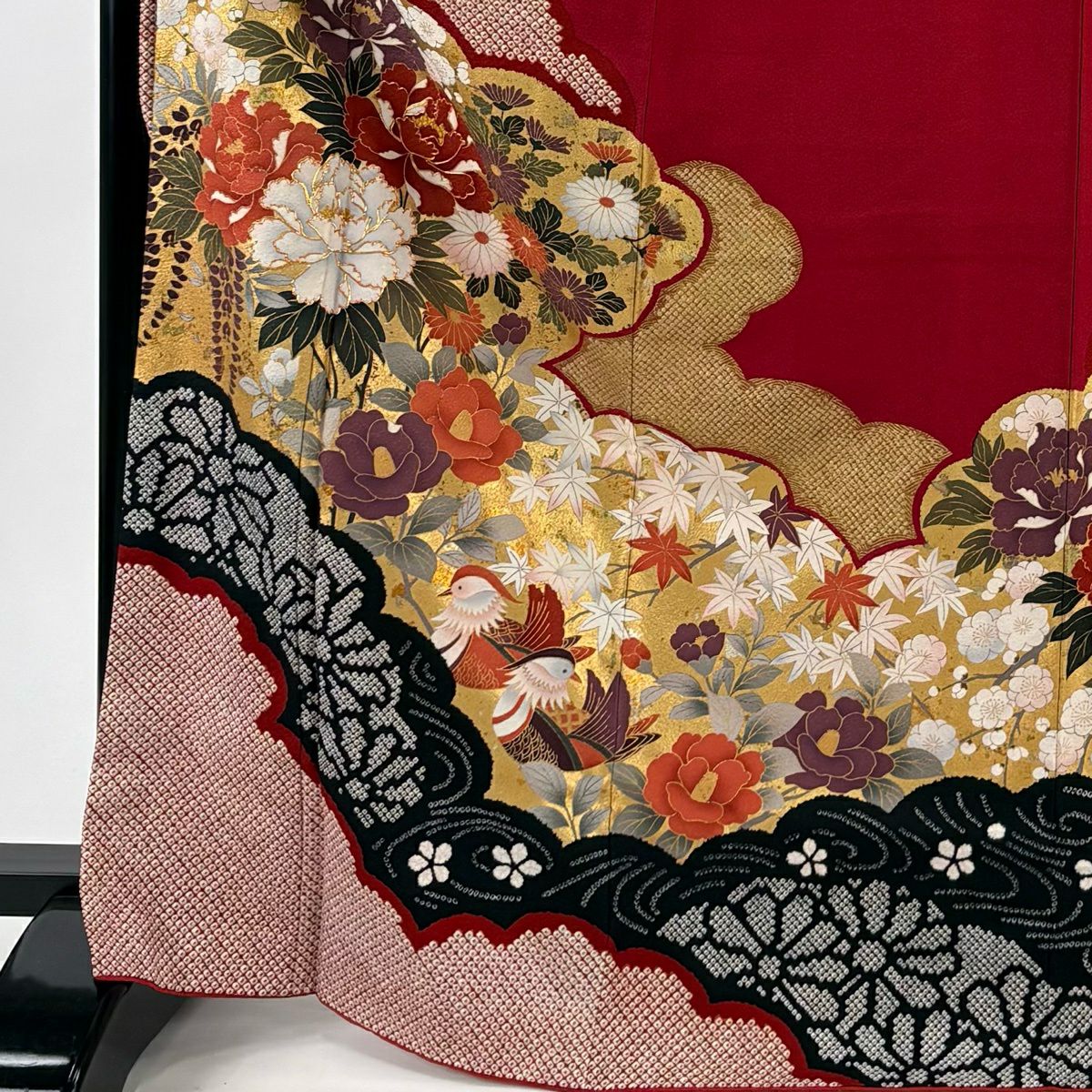 振袖禮服 身長170cm 袖長66cm M 雙層 大和 牡丹 雲紋 金絲 金銀彩 紅 純蠶絲 名品級