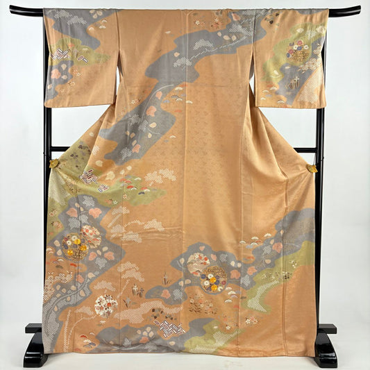 訪問服 身長172cm 袖長67cm M 雙層 雪輪 草花紋紋 金絲 金銀彩 淺茶 純蠶絲 名品級