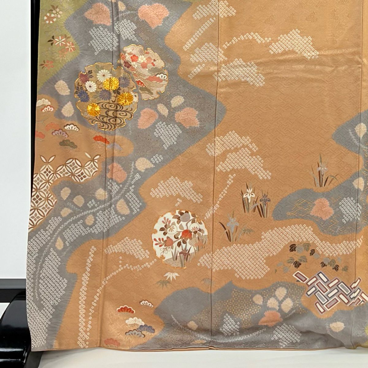 訪問服 身長172cm 袖長67cm M 雙層 雪輪 草花紋紋 金絲 金銀彩 淺茶 純蠶絲 名品級