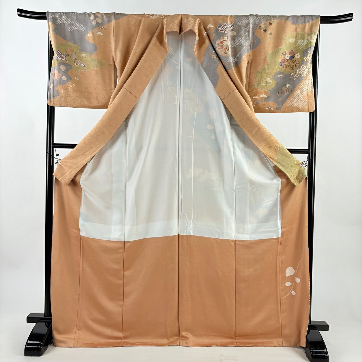訪問服 身長172cm 袖長67cm M 雙層 雪輪 草花紋紋 金絲 金銀彩 淺茶 純蠶絲 名品級