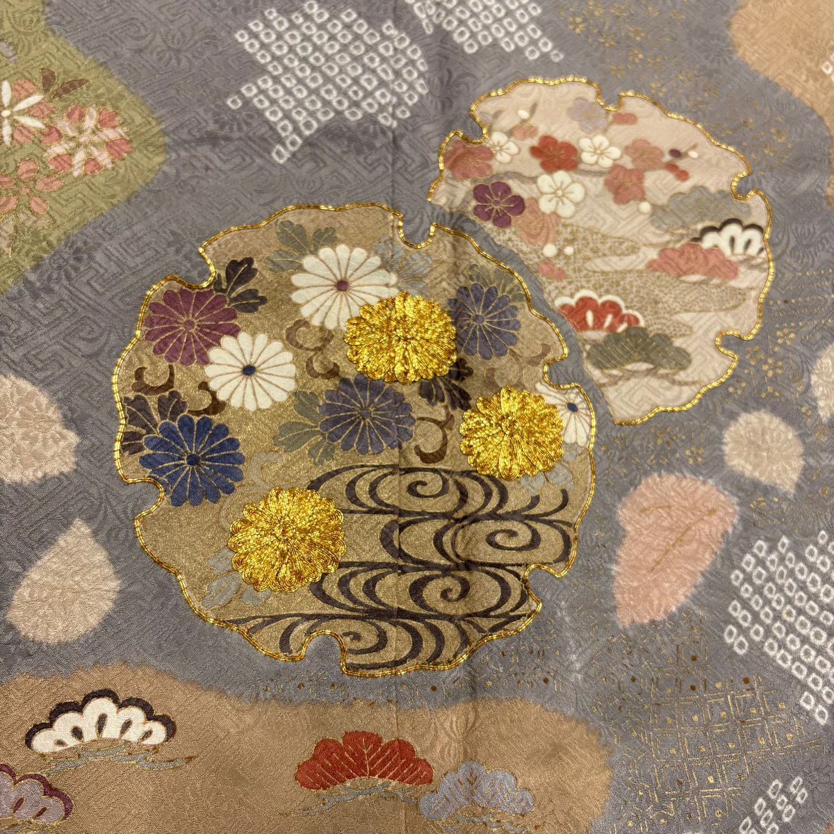 訪問服 身長172cm 袖長67cm M 雙層 雪輪 草花紋紋 金絲 金銀彩 淺茶 純蠶絲 名品級