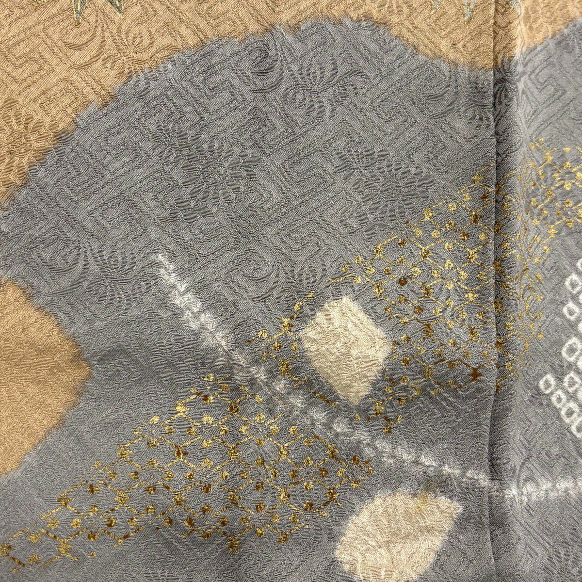 訪問服 身長172cm 袖長67cm M 雙層 雪輪 草花紋紋 金絲 金銀彩 淺茶 純蠶絲 名品級