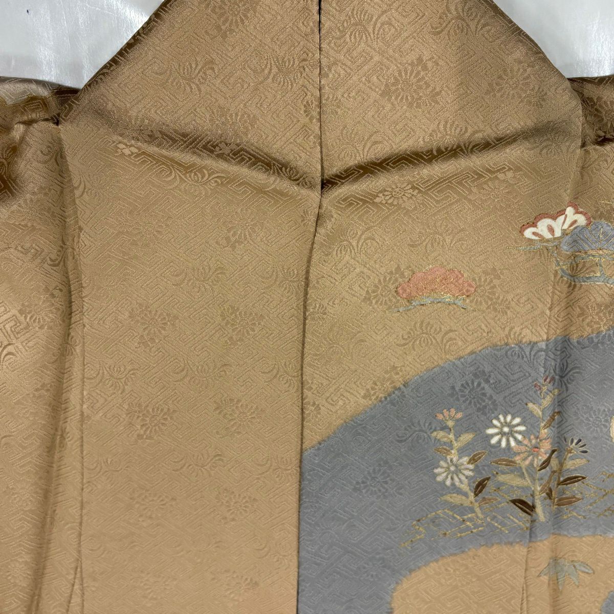 訪問服 身長172cm 袖長67cm M 雙層 雪輪 草花紋紋 金絲 金銀彩 淺茶 純蠶絲 名品級