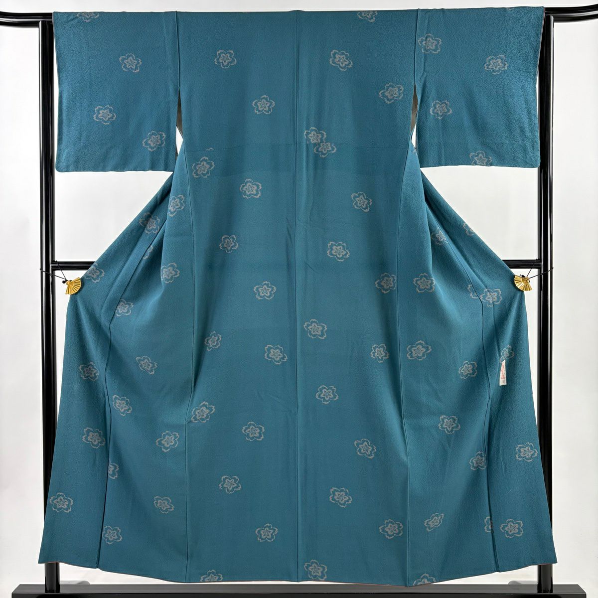 小紋 身長154.5cm 袖長63cm S 雙層 辻村ジュサブロー 落款あり 櫻花 絞織 青綠 純蠶絲 名品級