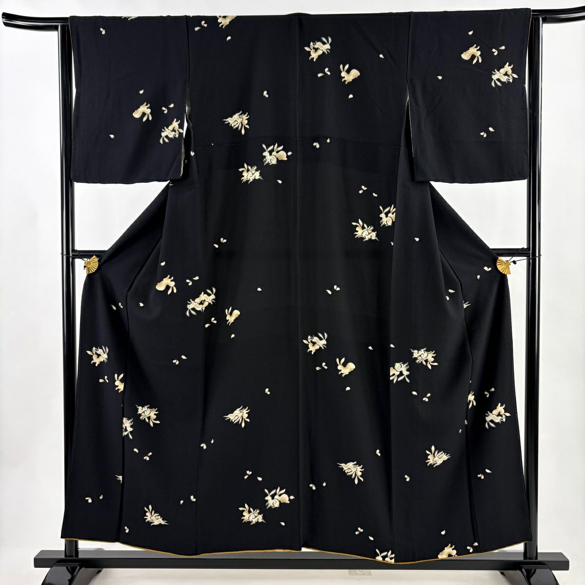 小紋 身長153.5cm 袖長63.5cm S 雙層 花井幸子 大和 有落款 兔子 花瓣 絞織 黑 純蠶絲 名品級
