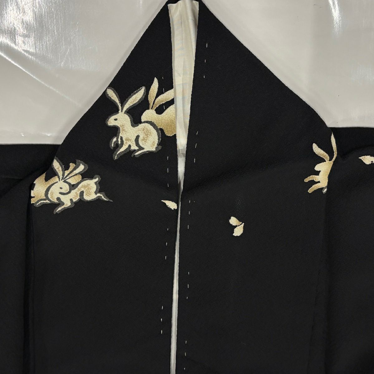 小紋 身長153.5cm 袖長63.5cm S 雙層 花井幸子 大和 有落款 兔子 花瓣 絞織 黑 純蠶絲 名品級