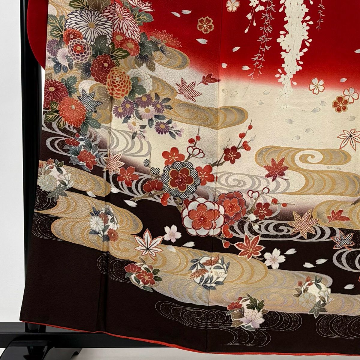 振袖禮服 身長159.5cm 袖長66cm M 雙層 菊花 花丸紋 金銀彩 染分 紅 純蠶絲 名品級