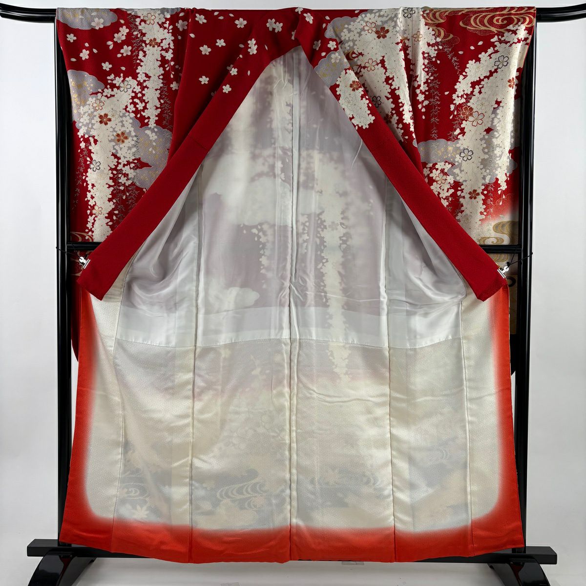 振袖禮服 身長159.5cm 袖長66cm M 雙層 菊花 花丸紋 金銀彩 染分 紅 純蠶絲 名品級