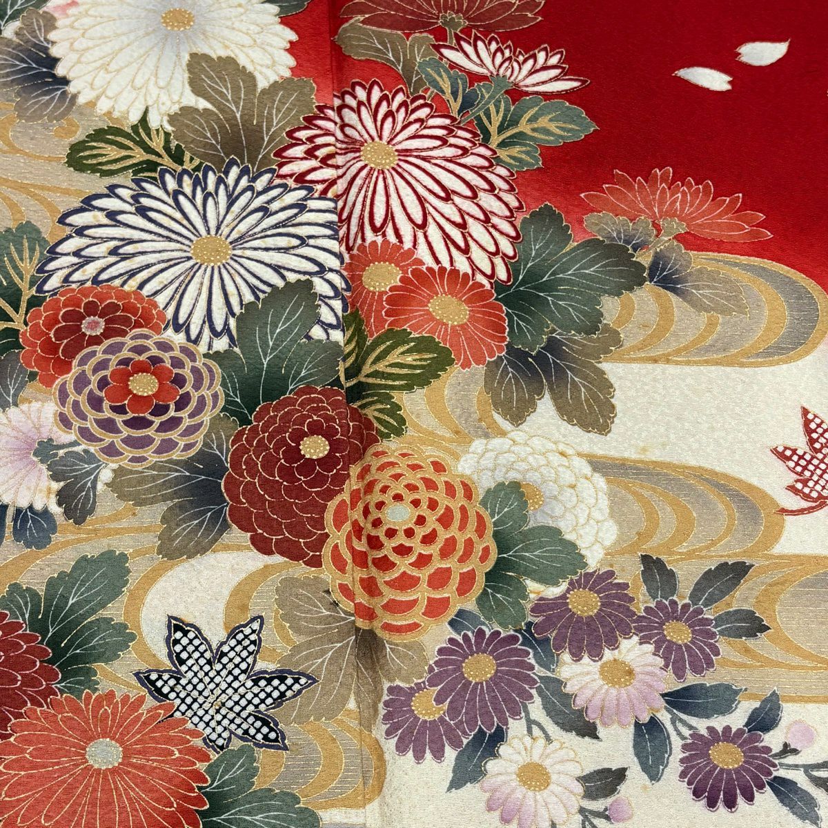 振袖禮服 身長159.5cm 袖長66cm M 雙層 菊花 花丸紋 金銀彩 染分 紅 純蠶絲 名品級
