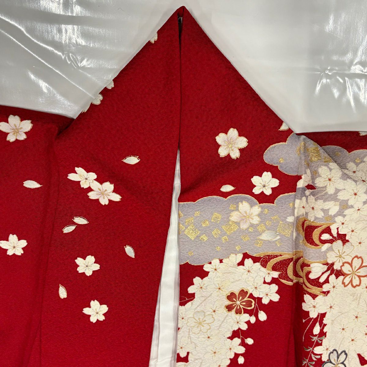 振袖禮服 身長159.5cm 袖長66cm M 雙層 菊花 花丸紋 金銀彩 染分 紅 純蠶絲 名品級