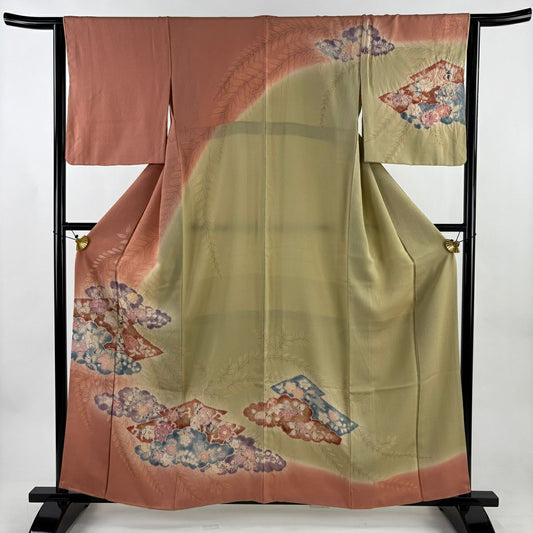 訪問服 身長158cm 袖長63.5cm S 雙層 草花紋紋 雲文 金銀彩 漸層 鮭粉色 純蠶絲 名品級