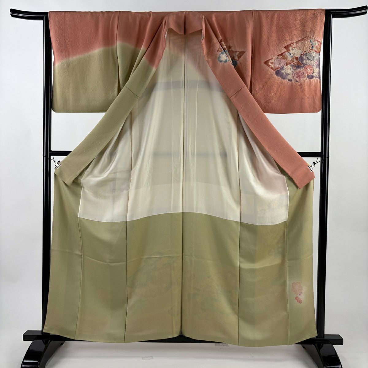 訪問服 身長158cm 袖長63.5cm S 雙層 草花紋紋 雲文 金銀彩 漸層 鮭粉色 純蠶絲 名品級