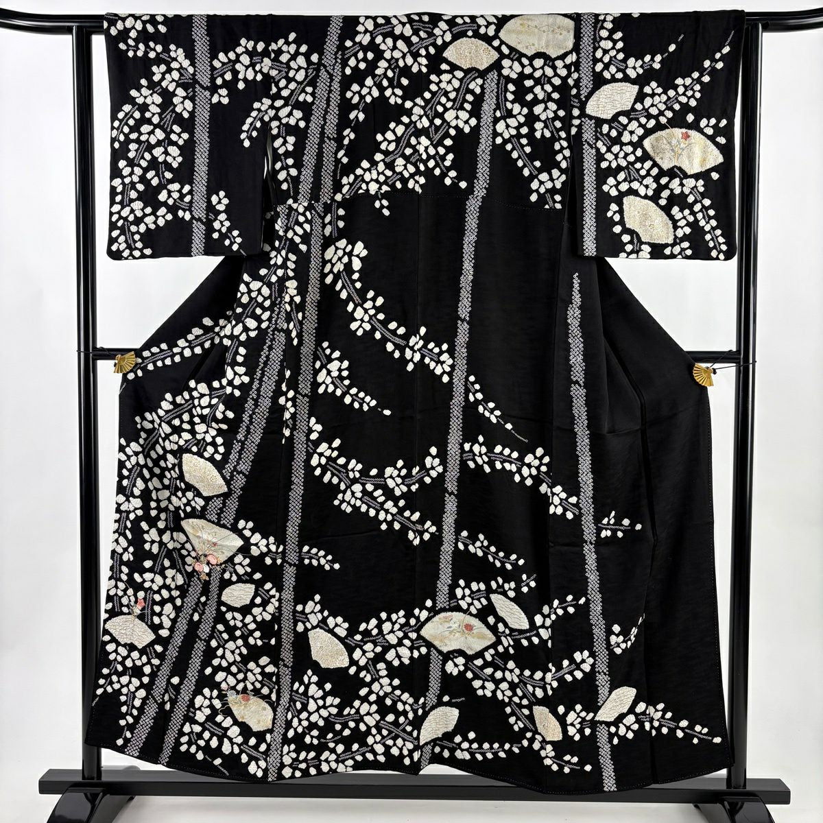 訪問服 身長154cm 袖長61cm S 雙層 萬壽菊花 扇子面 刺繡 絞染 黑 純蠶絲 名品級