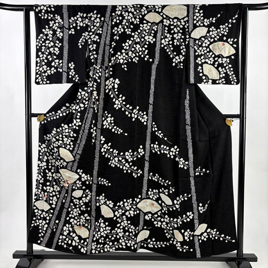 訪問服 身長154cm 袖長61cm S 雙層 萬壽菊花 扇子面 刺繡 絞染 黑 純蠶絲 名品級