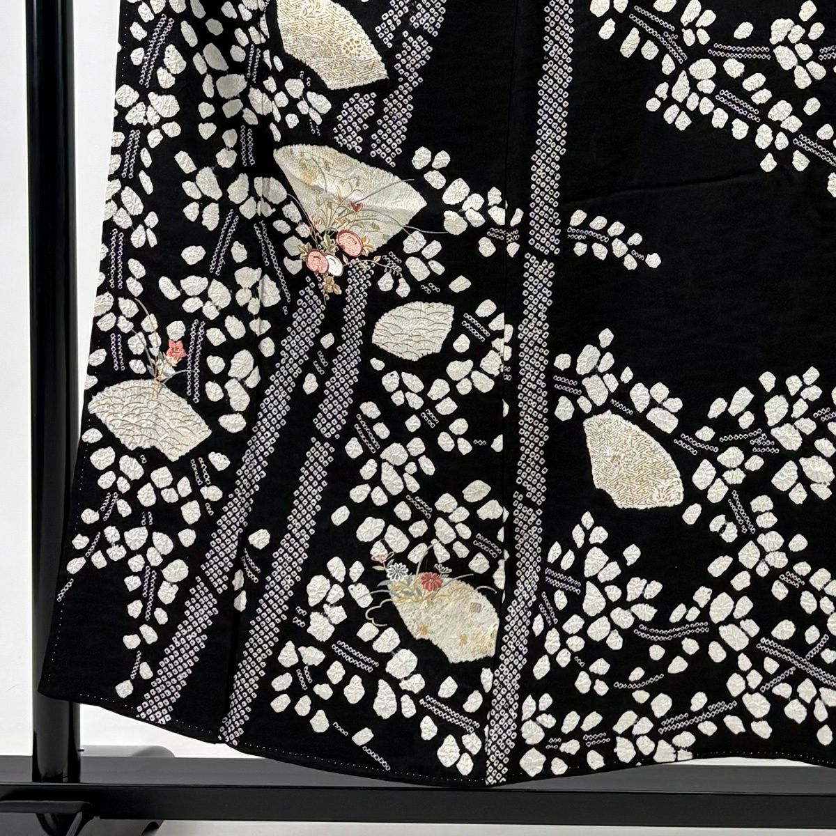 訪問服 身長154cm 袖長61cm S 雙層 萬壽菊花 扇子面 刺繡 絞染 黑 純蠶絲 名品級