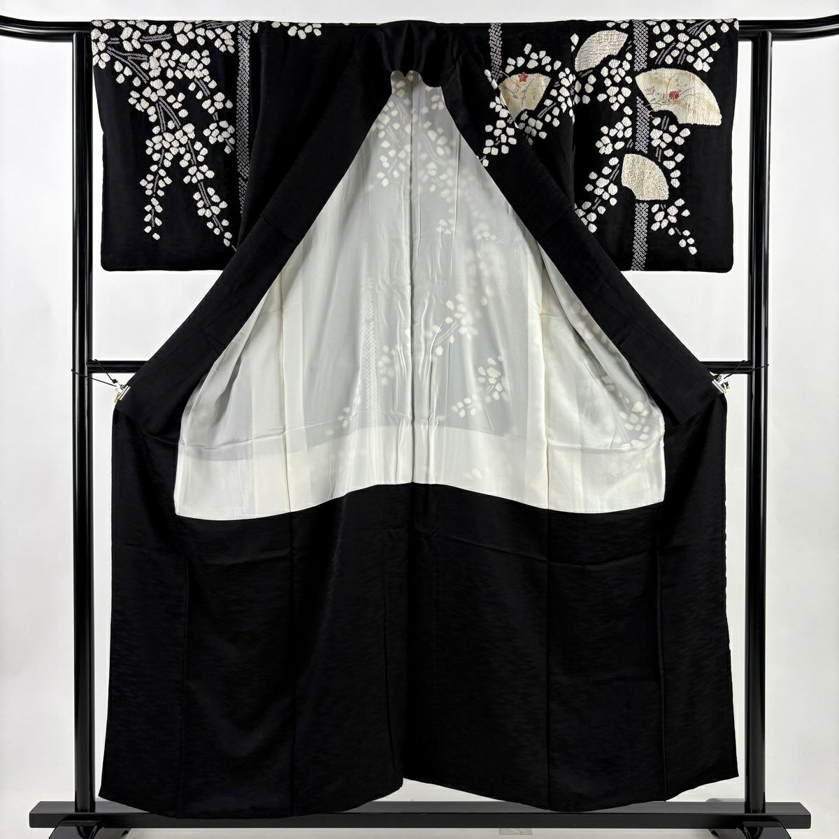 訪問服 身長154cm 袖長61cm S 雙層 萬壽菊花 扇子面 刺繡 絞染 黑 純蠶絲 名品級