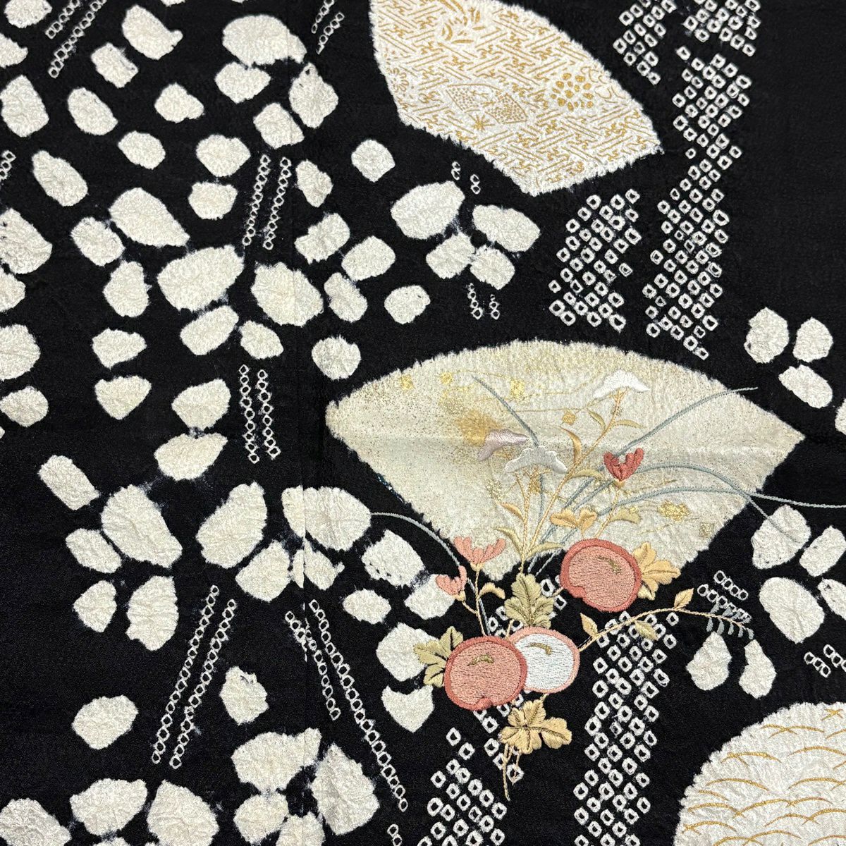訪問服 身長154cm 袖長61cm S 雙層 萬壽菊花 扇子面 刺繡 絞染 黑 純蠶絲 名品級