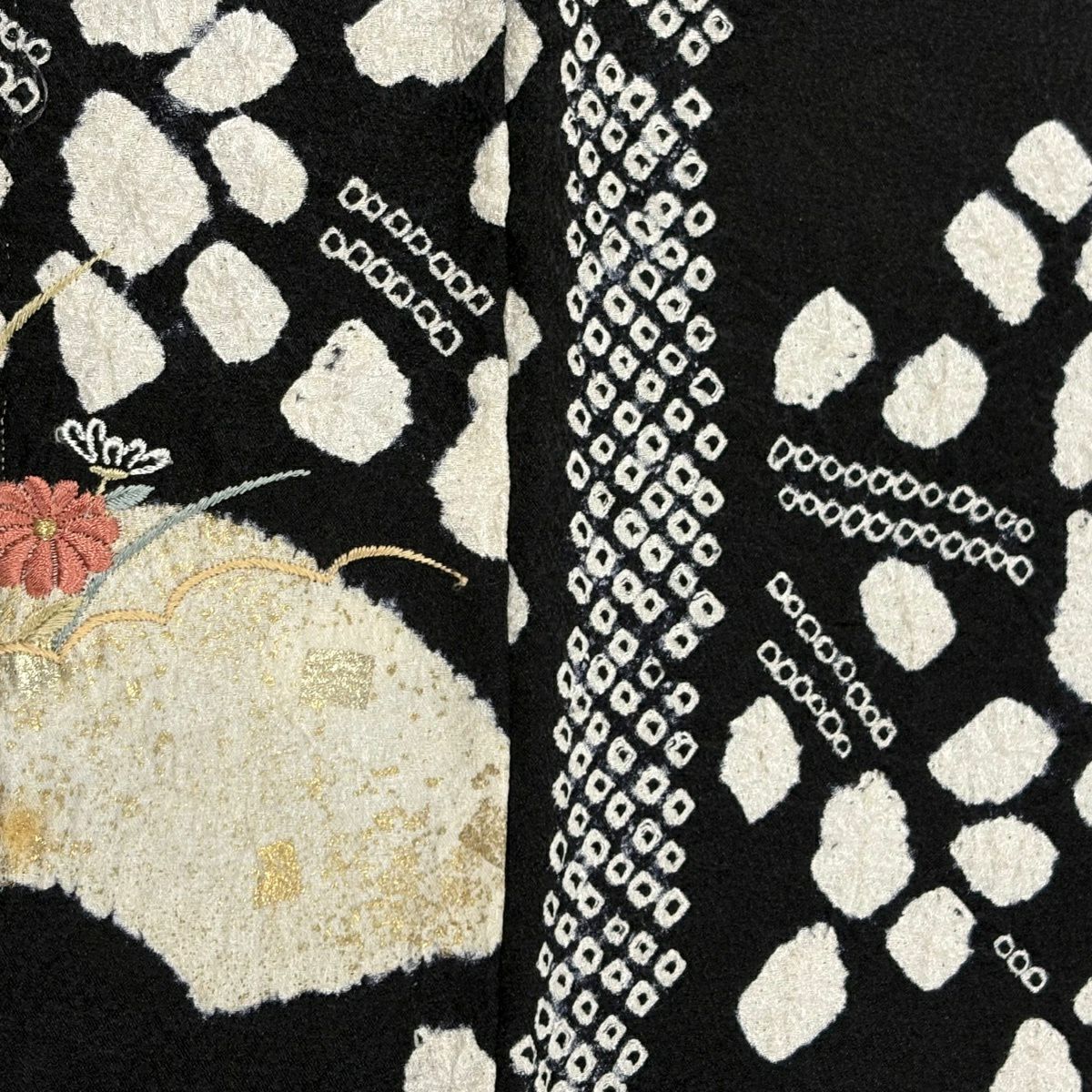 訪問服 身長154cm 袖長61cm S 雙層 萬壽菊花 扇子面 刺繡 絞染 黑 純蠶絲 名品級
