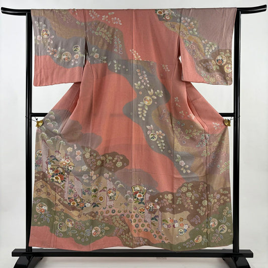 訪問服 身長157.5cm 袖長64cm M 雙層 草花紋紋 扇子面 金絲 金銀彩 粉紅 純蠶絲 名品級