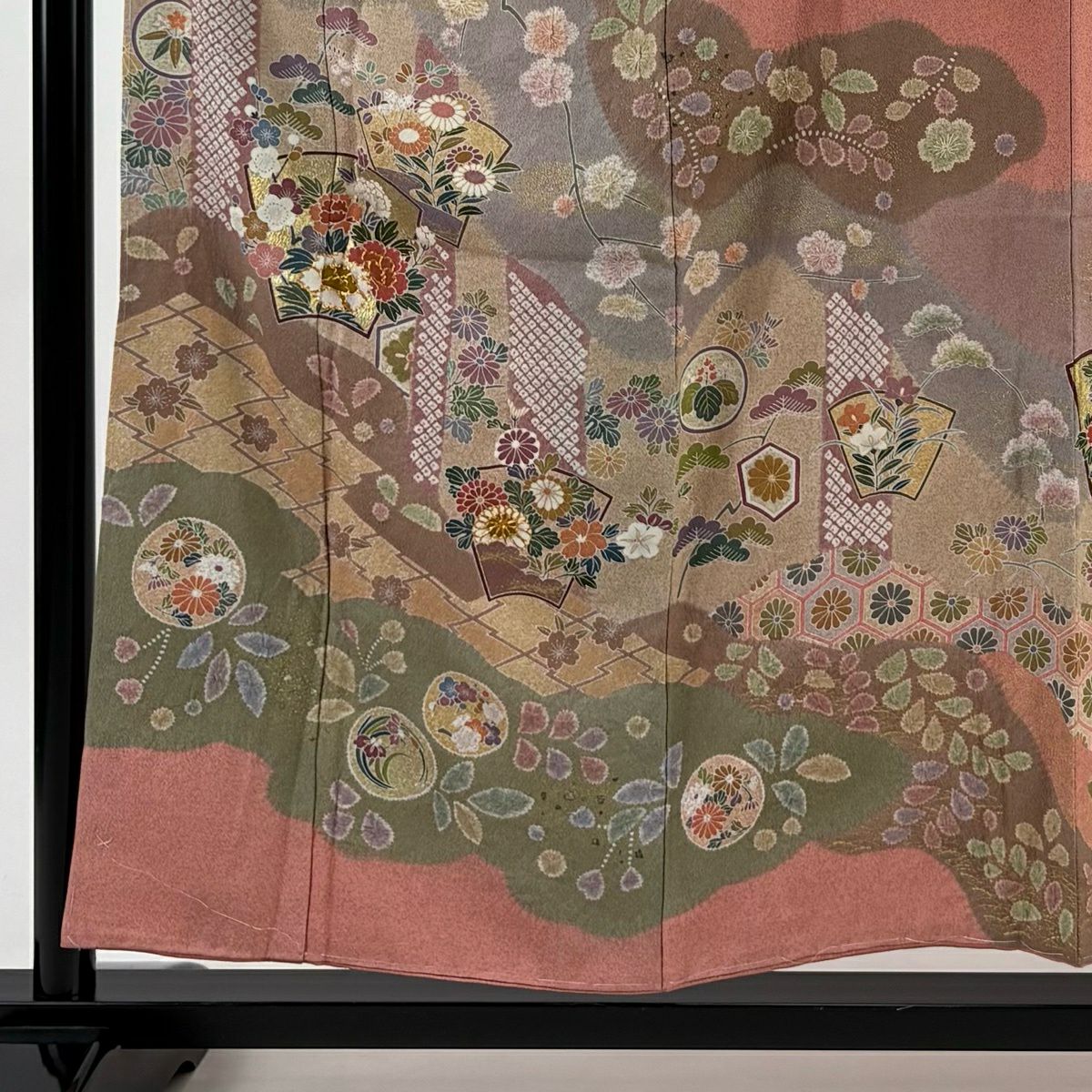 訪問服 身長157.5cm 袖長64cm M 雙層 草花紋紋 扇子面 金絲 金銀彩 粉紅 純蠶絲 名品級