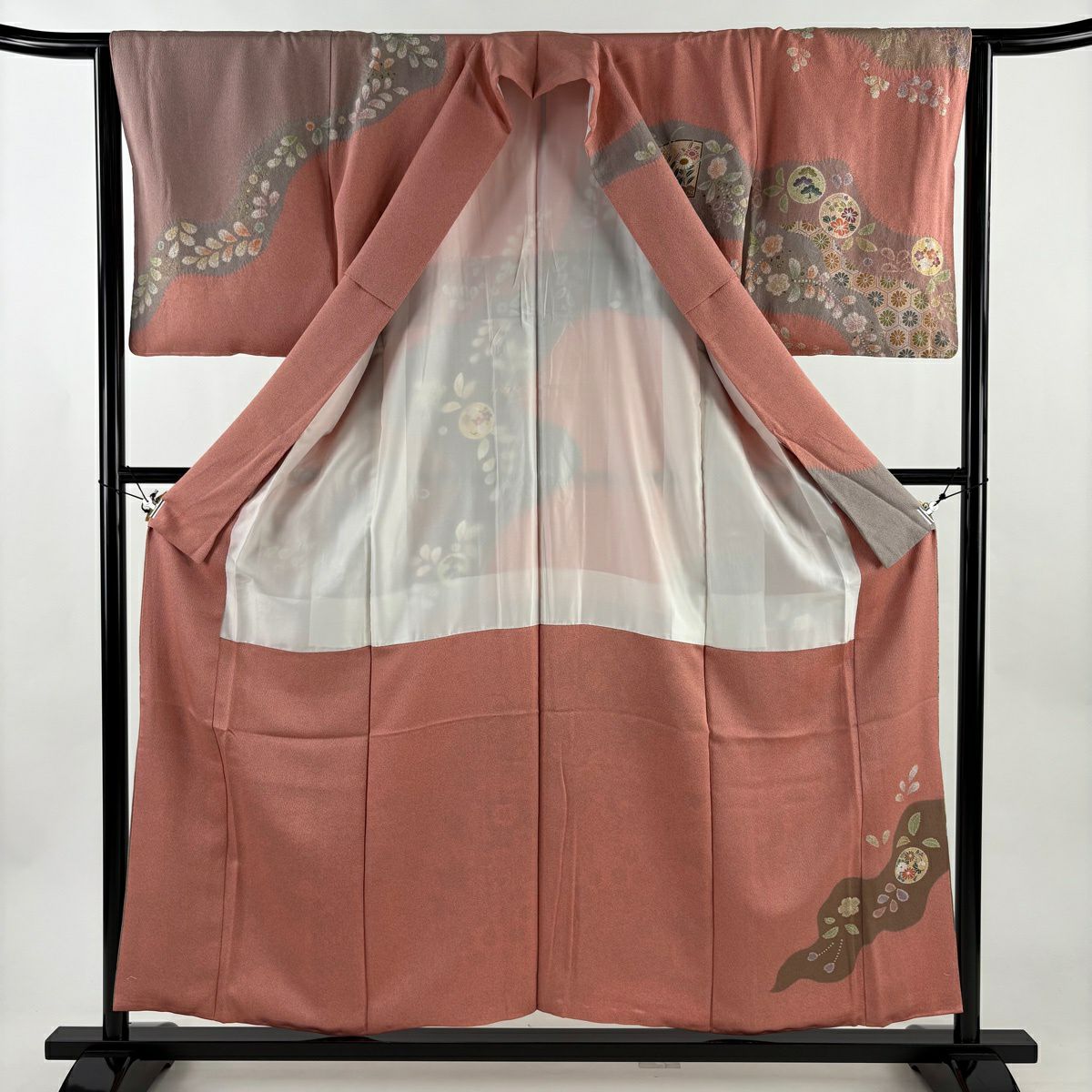 訪問服 身長157.5cm 袖長64cm M 雙層 草花紋紋 扇子面 金絲 金銀彩 粉紅 純蠶絲 名品級