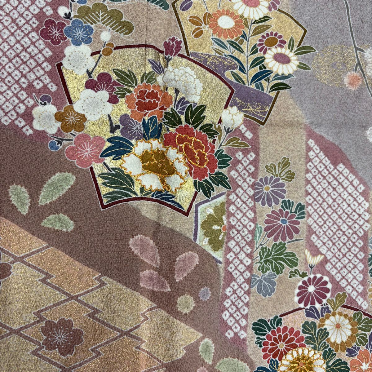 訪問服 身長157.5cm 袖長64cm M 雙層 草花紋紋 扇子面 金絲 金銀彩 粉紅 純蠶絲 名品級