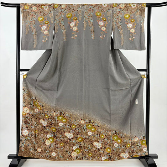 訪問服 身長159cm 袖長61.5cm S 雙層 落款あり 辻花染 金彩裝飾 漸層 灰色 純蠶絲 名品級