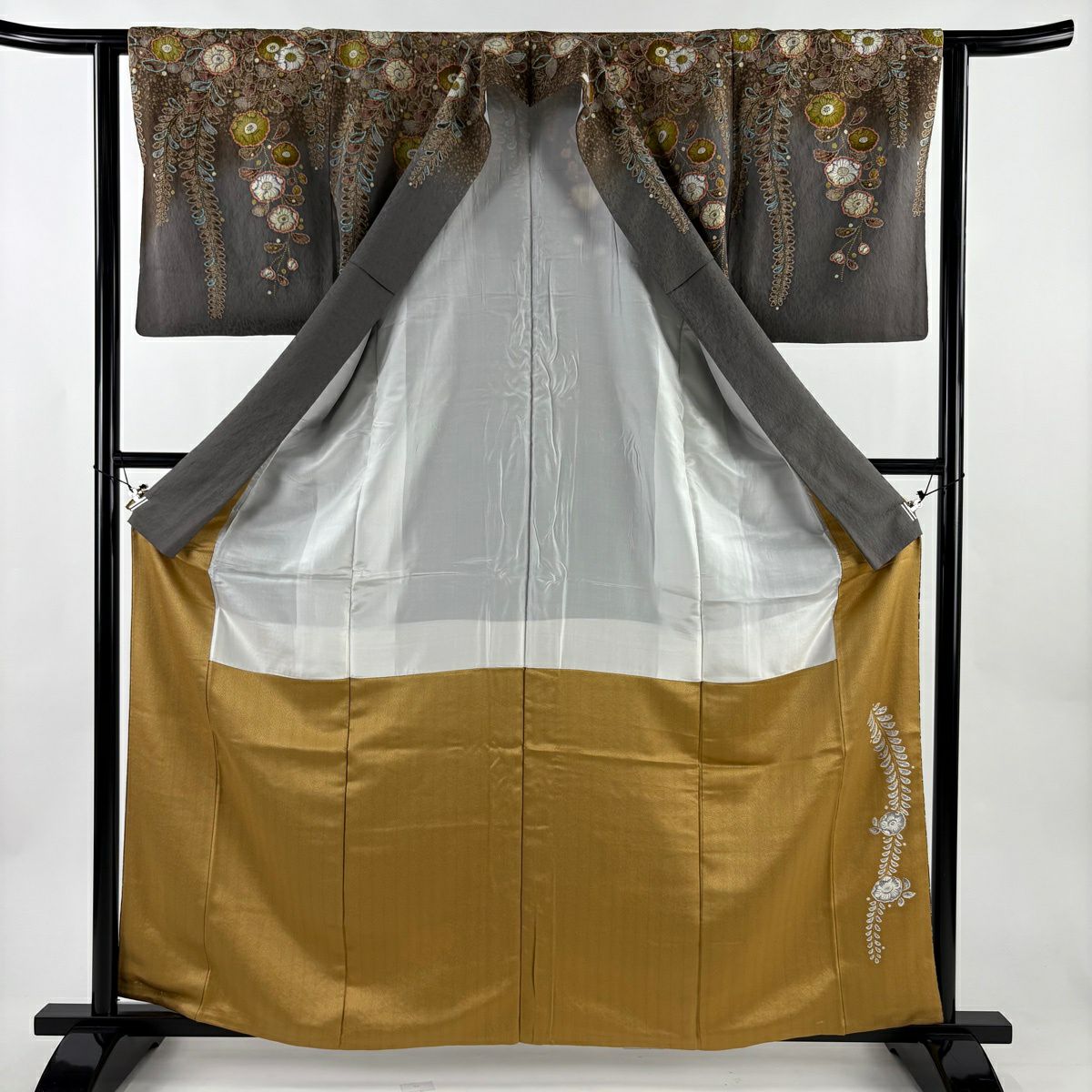 訪問服 身長159cm 袖長61.5cm S 雙層 落款あり 辻花染 金彩裝飾 漸層 灰色 純蠶絲 名品級