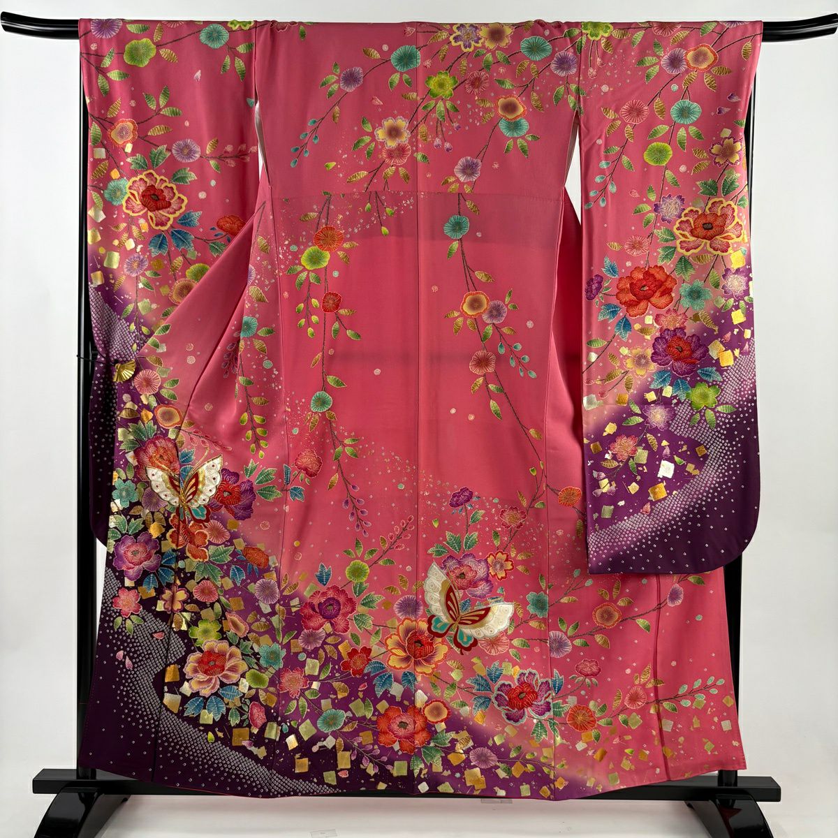 振袖禮服 身長158cm 袖長68cm L 雙層 蝶 草花紋紋 金糸 金銀彩 粉紅 純蠶絲 名品級